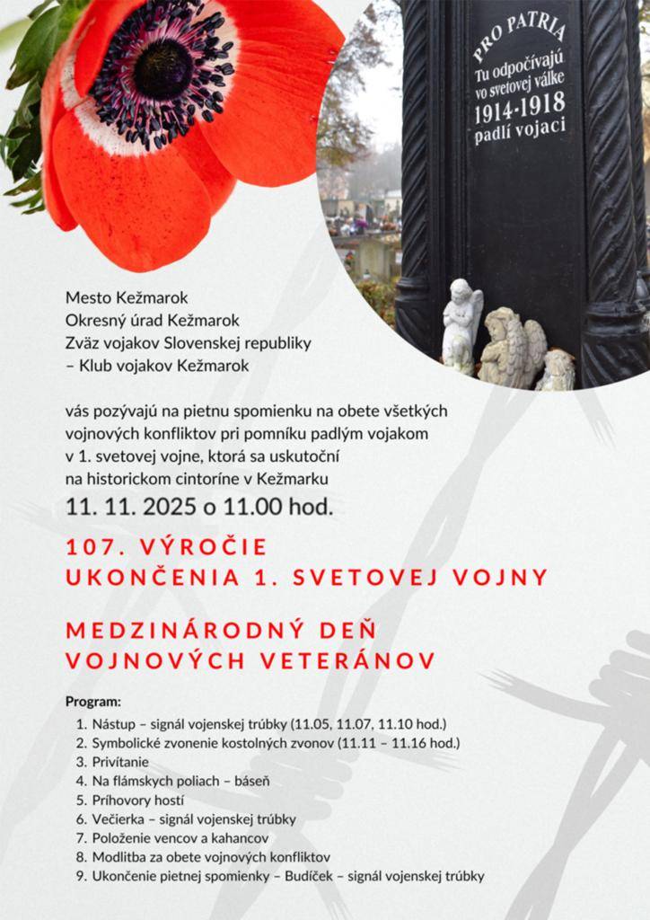 Dňa 11.11.2025 sa uskutoční pietna spomienka na obete všetkých vojnových konfliktov.