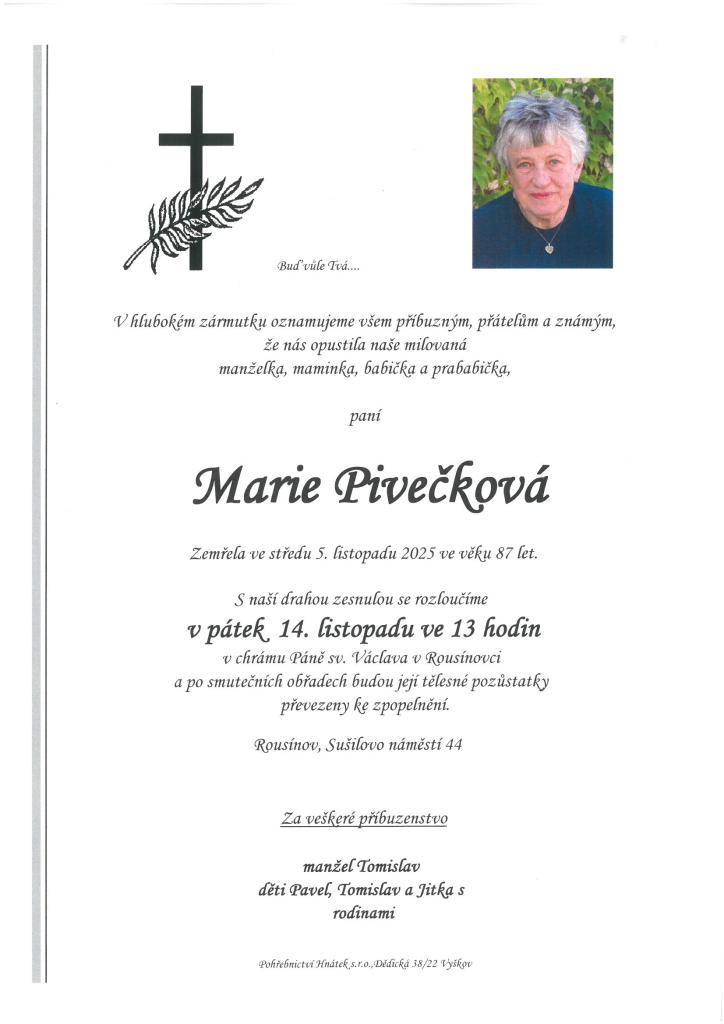 z Rousínova zemřela dne 5. listopadu 2025 ve věku 87 let