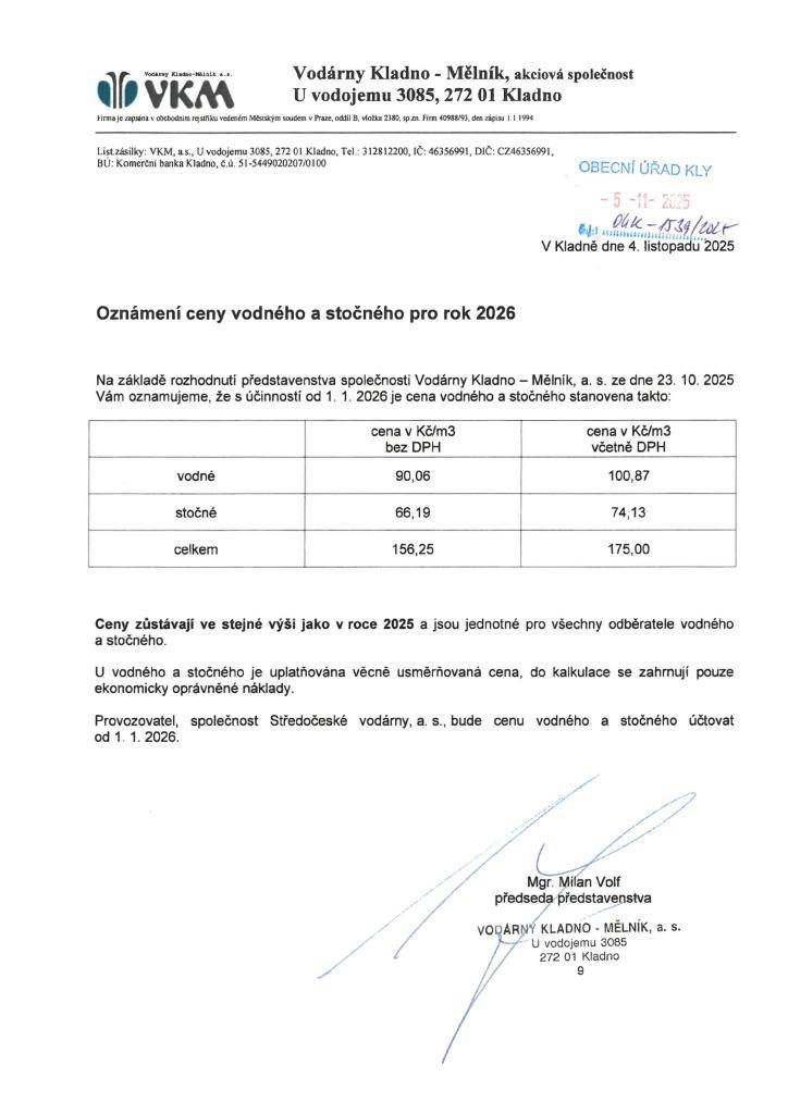 VKM oznamují ceny vodného a stočného na rok 2026. Ceny zůstávají stejné jako letos.