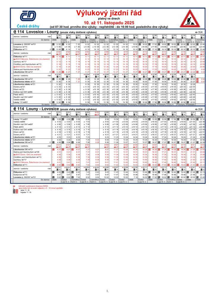 Správa železnic informuje o plánované výluce na železniční trati č. 114, která se uskuteční od 10. listopadu 2025 od 07:30 h do 11. listopadu 2025 16:00 hod. Během této doby bude zavedena náhradní autobusová doprava.