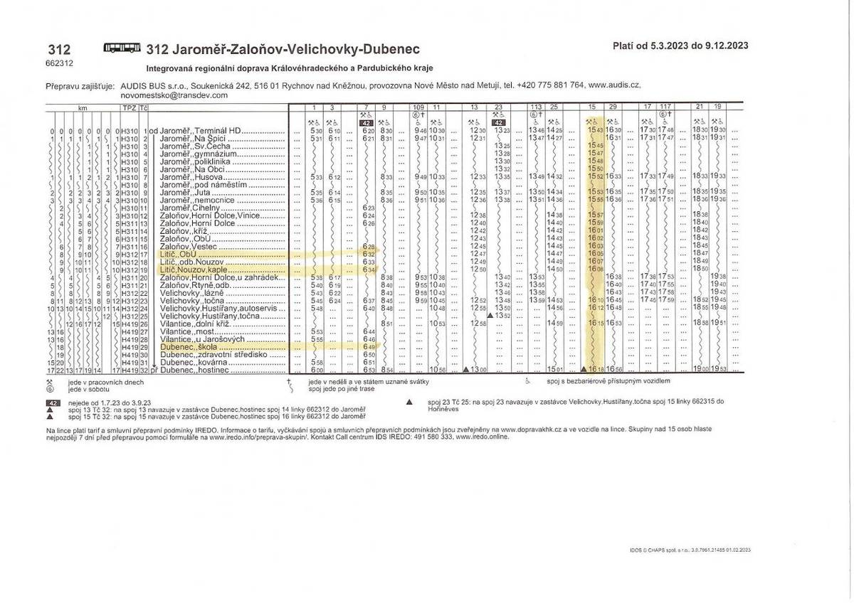 Na základě žádosti rodičů byla podána žádost na Krajský úřad Královéhradeckého kraje o ranní autobusový spoj z Litíče a Nouzova do Dubence a úpravu odpoledního spoje z Jaroměře. Po jednání s KHK bylo vyhověno našemu požadavku, s platností 5.3.2023 dochází k níže uvedeným změnám: