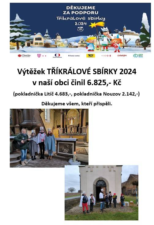 Výtěžek TŘÍKRÁLOVÉ SBÍRKY 2024 v naší obci činil 6.825,- Kč  (pokladnička Litíč 4.683,-, pokladnička Nouzov 2.142,-)