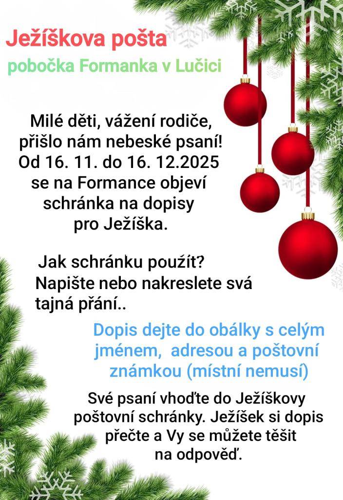 Milé děti, vážení rodiče, přišlo nám nebeské psaní! Od 16.11.2025 do 16.12.2025 se na Formace objeví schránka na dopisy pro Ježíška.