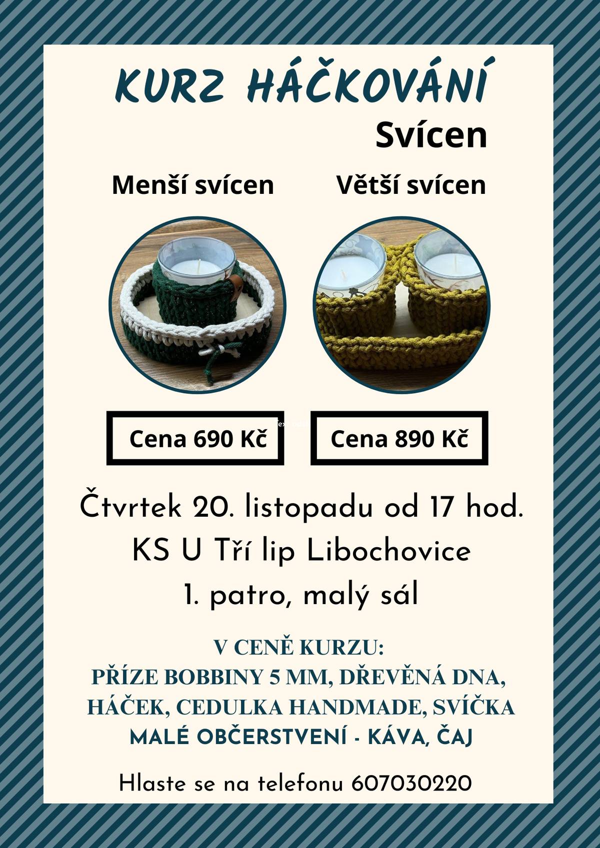 Přinášíme Vám další nabídku kurzu háčkování, který se bude konat v KS U Tří lip.🧶 Tentokrát si 20. 11. od 17:00 můžete přijít vytvořit menší či větší svícen.  V ceně kurzu máte veškerý materiál + drobné občerstvení. Na kurz se můžete přihlásit na tel. 607 030 220. 🧵
