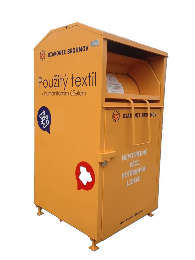 UPOZORNĚNÍ  Kontejner Diakonie Broumov na použitý   textil určený k humanitárním účelům je přemístěn před sběrný dvůr v budově Technických služeb v ulici:   Za Školou (č.p. 289)