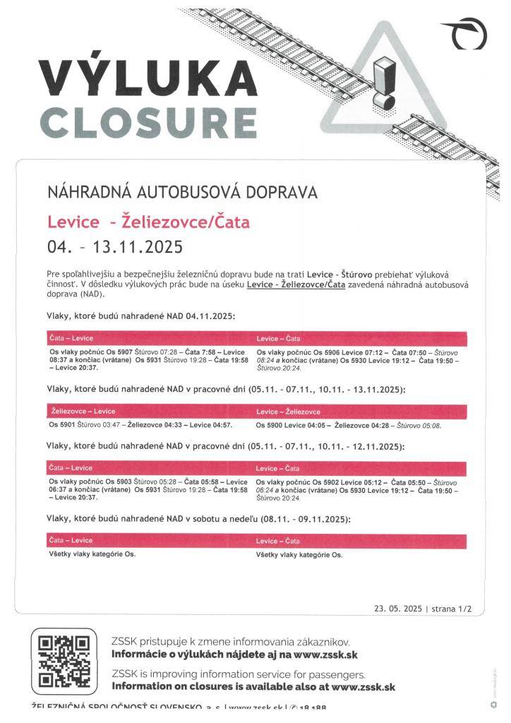 Oznámenie o konaní výluk v dňoch 04.11.2025 - 13.11.2025 v úseku trate Levice - Štúrovo.