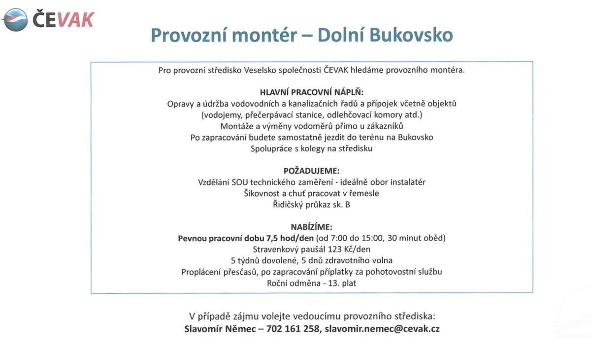 Čevak shání provozního montéra.