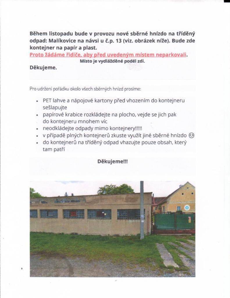 Nové místo na tříděný odpad - upozornění pro řidiče!!!