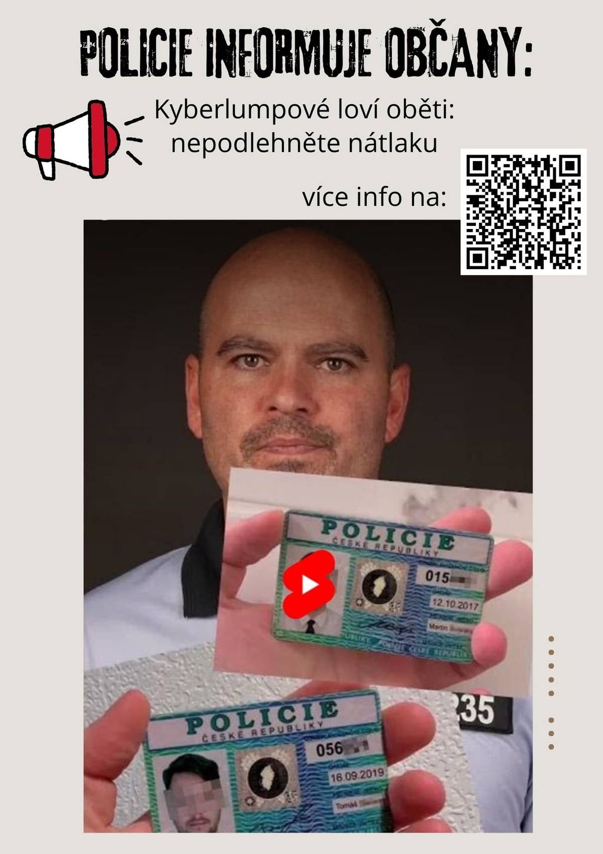 Pozor na kyberšmejdy! Policie ČR varuje před rostoucí vlnou podvodů, při nichž se pachatelé vydávají za policisty, pracovníky bank nebo jiné autority. V posledních měsících evidujeme výrazný nárůst této trestné činnosti – jen v Královéhradeckém kraji vzrostl ve srovnatelném období počet případů trestných činů oproti loňsku o 55 %. V celkovém počtu nápadu trestné činnosti pak podvody tohoto typu tvoří v našem kraji téměř 20 %. Oběťmi nejsou pouze senioři, ale lidé napříč věkovými kategoriemi, s různým vzděláním i sociálním postavením.  více info v příloze nebo na: https://policie.gov.cz/clanek/kyberlumpove-lovi-obeti-nepodlehnete-natlaku.aspx