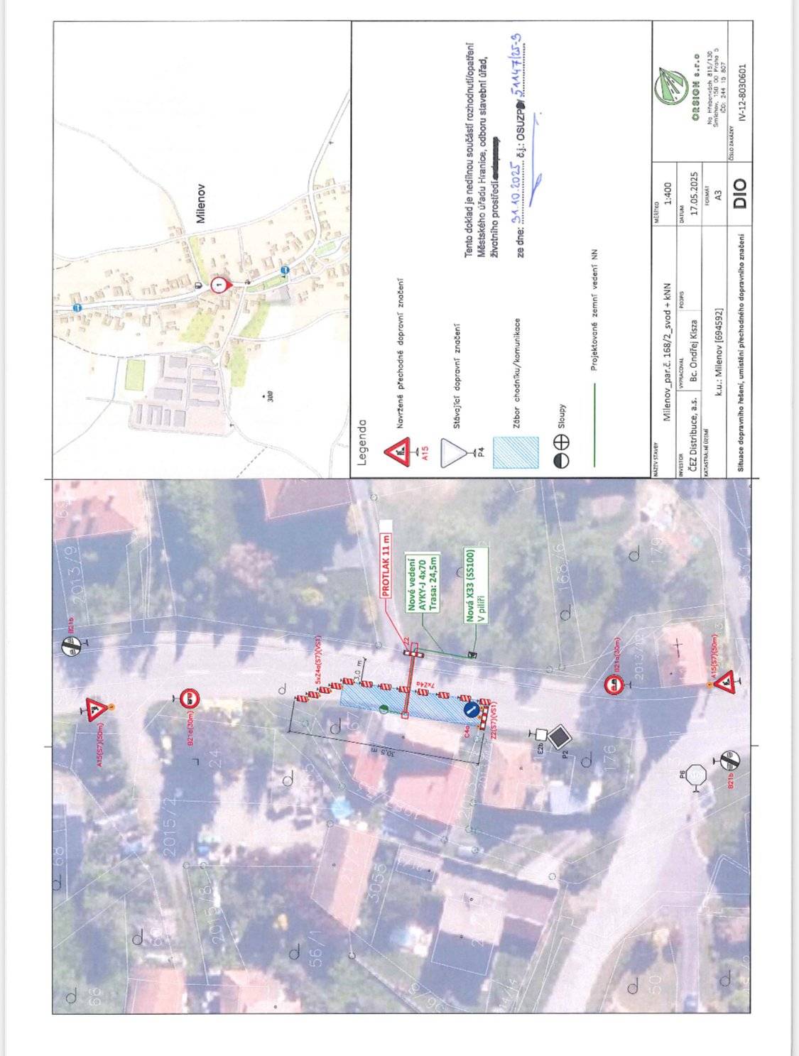 Oznamujeme, že Městský úřad Hranice, Odbor stavební úřad a životního  prostředí, ODDĚLENÍ STAVEBNÍ ÚŘAD stanovil Veřejnou vyhláškou přechodnou  úpravu provozu na pozemních komunikacích a to částečná uzavírka silnice  č. III/44025 v obci Milenov, od 10.11.2025 do 19.11.2025, v případě  změny termínu uzavírky po dobu uzavírky, viz situace. Bližší informace  jsou vyvěšeny na úřední desce. Děkujeme za pochopení.