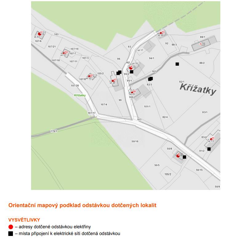 Vážení občané, tímto si Vás dovolujeme upozornit na odstávku elektřiny, která se uskuteční dne 05.11.2025 od 08:00 do 10:00 hodin, a to v lokalitě: Křížatky č. p. 11, 13, 16, 17, 24 č. ev. 6, 8, 11, 12