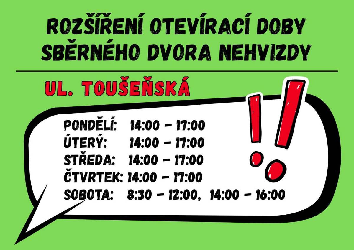 Sběrný dvůr v Nehvizdech, nacházející se na ulici Toušeňská, prodlužuje svoji otevírací dobu. Obyvatelé mohou nyní využít služby dvora od pondělí do čtvrtka v čase od 14:00 do 17:00, což usnadní odkládání odpadu v odpoledních hodinách. Dále je sběrný dvůr otevřen i v sobotu, a to od 8:30 do 12:00 a