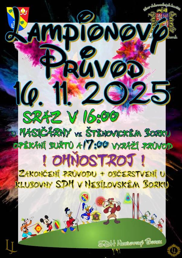 Lampiónový průvod 2025 se koná 16.11.2025.  Sraz v 16:00 u klubovny SDH Štěnovický Borek, kde bude připraveno ohniště na opékání buřtů a v 17:00 dáme lampióny nahoru.  Průvod bude zakončen ohňostrojem na Hájku a občerstvením v klubovně SDH Nebílovský Borek.