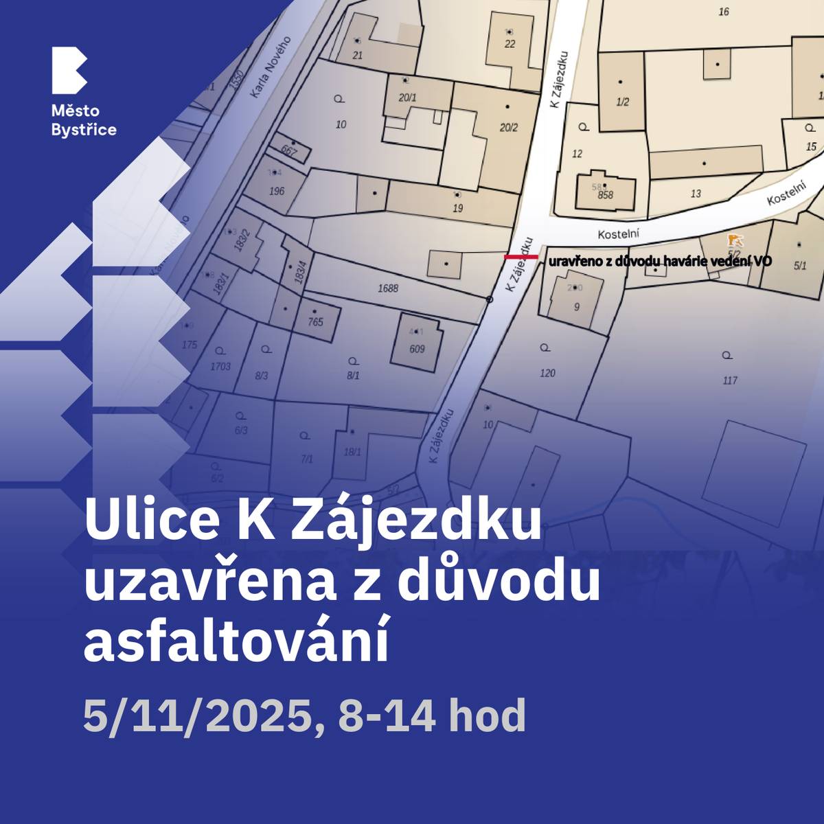 Dnes mezi 8 a 14 hodinou dojde k asfaltování povrchu po havárii. Proto je ulice K Zájezdku opět dočasně uzavřena. Přístup do ulice K Zájezdku je možný ulicí Příčnou.
