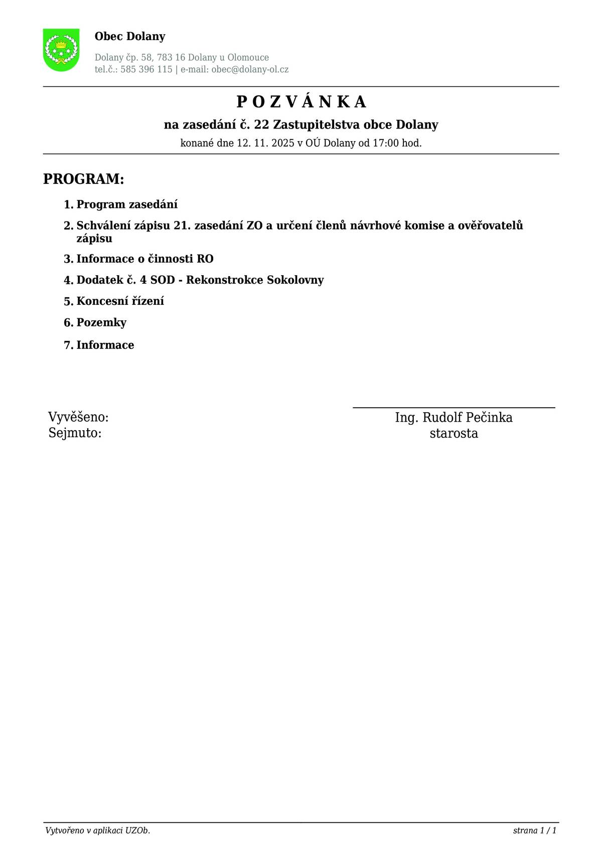 📆středa 12. listopadu od 17 hodin na OÚ v Dolanech