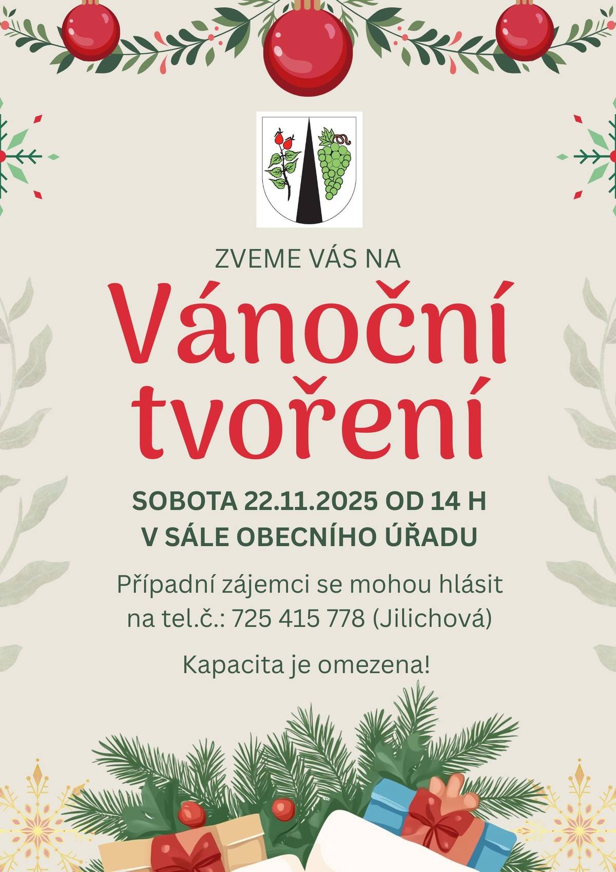 Zveme vás na vánoční tvoření, které se uskuteční v sobotu 22. listopadu 2025 od 14 hodin v sále obecního úřadu. Přijďte si vyrobit vánoční dekorace a užít si příjemné odpoledne plné kreativity. Kapacita je omezena, proto neváhejte a rezervujte si své místo co nejdříve.