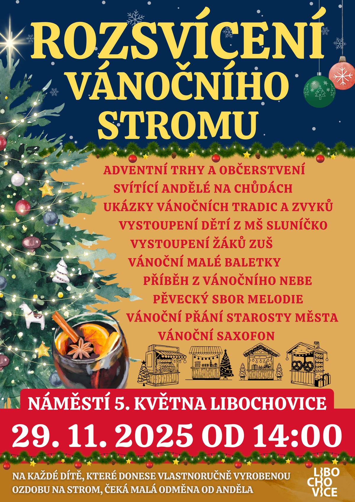 Srdečně vás zveme na Rozsvícení vánočního stromu spojené s tradičními vánočními trhy, které se letos koná 29. listopadu od 14:00 na náměstí 5. května v Libochovicích. 🎄 Přijďte si užít kouzelnou atmosféru Vánoc, ochutnat sváteční dobroty a nápoje, koupit si vánoční dekorace nebo vybrat originální dárek pro své blízké. 🎀🔔 Těšit se můžete také na nabitý program plný různých vystoupení. A navíc na každé z dětí, které donese vlastnoručně vyrobenou ozdobu na stromek, čeká odměna od anděla!🎁👼 Těšíme se na vás!✨