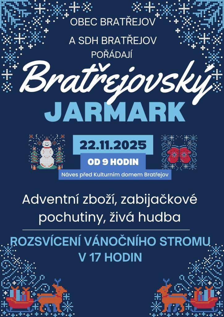 Bratřejovský jarmark 22.11.2025 na návsi před kulturním domem v Bratřejově  prodej adventního zboží a zabijačkových specialit
