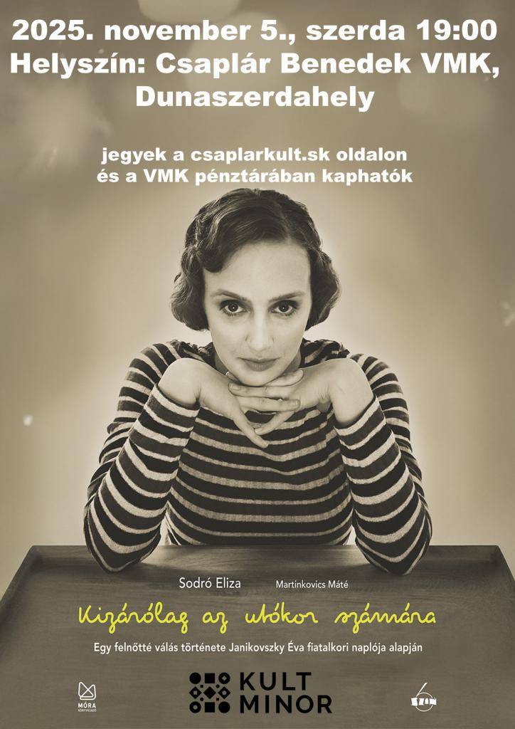 Vážené, vážení obyvatelia!    Občianske združenie NFG vás srdečne pozýva na divadelné predstavenie s názvom „Kizárólag az utókor számára“,ktoré vzniklo na motívy denníka mladej Évy Janikovszky.