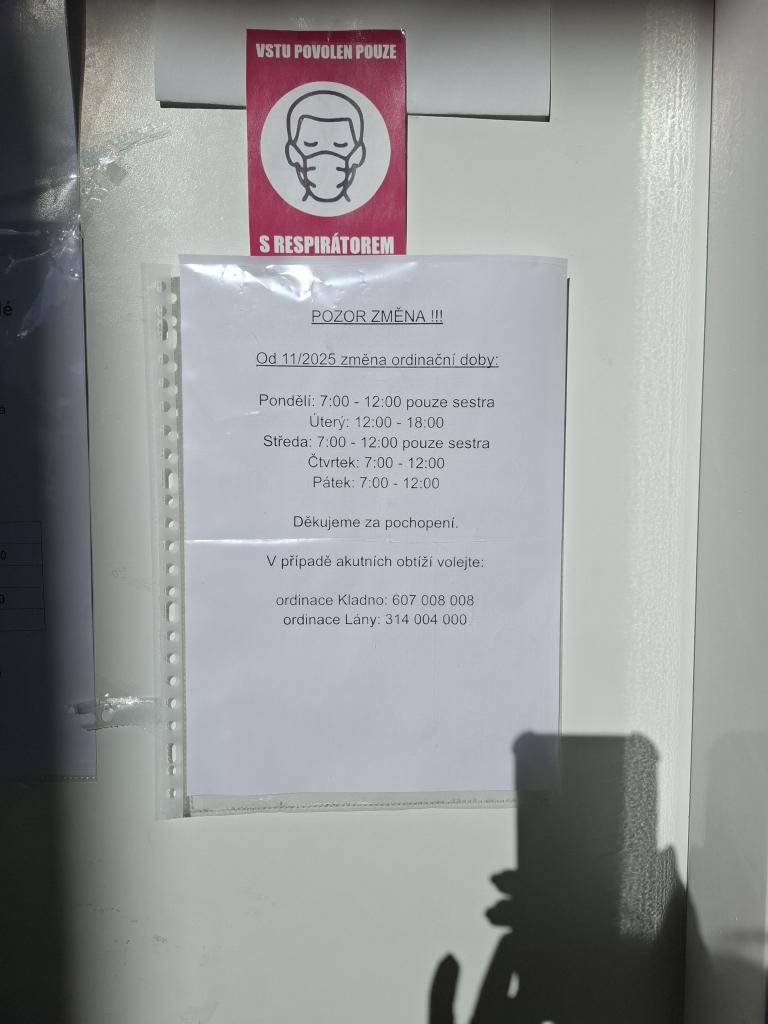 Od 1. listopadu 2025 se mění ordinační doby. Pondělí bude otevřeno od 7:00 do 12:00 pouze pro sestru, úterý od 12:00 do 18:00, středa opět od 7:00 do 12:00 pouze pro sestru, čtvrtek a pátek od 7:00 do 12:00. Děkujeme za pochopení.