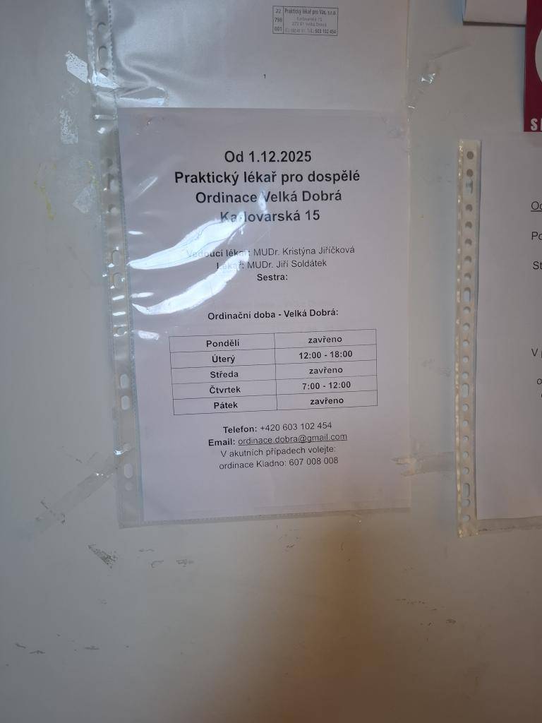 Ordinace bude poskytovat péči pouze v úterý od 12:00 do 18:00 a ve čtvrtek od 7:00 do 12:00 hodin.