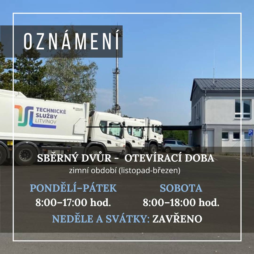 Sběrný dvůr v ulici Jandečkova přechází od 1. listopadu 2025 do 31. března 2026 na zimní provozní režim.       🕒 Zimní otevírací doba:   Pondělí–pátek: 8:00–17:00 hod.   Sobota: 8:00–18:00 hod. (beze změny)   Neděle a svátky: Zavřeno (beze změny)
