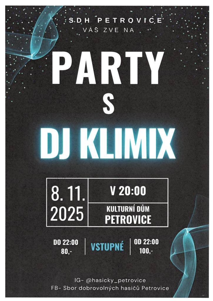 Pozvánka na PARTY S DJ KLIMIX do Petrovic 8.11.2025.