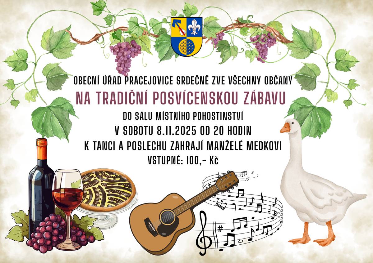 Vážení spoluobčané, Obecní úřad ve spolupráci se Sborem dobrovolných hasičů v Pracejovicích, si vás dovolují pozvat na Posvícenskou zábavu, která se bude konat v sobotu 8. listopadu od 20 hodin na sále místního pohostinství. K tanci a poslechu hrají manželé Medkovi, vstupné 100,- Kč.                                                                    Děkujeme za účast