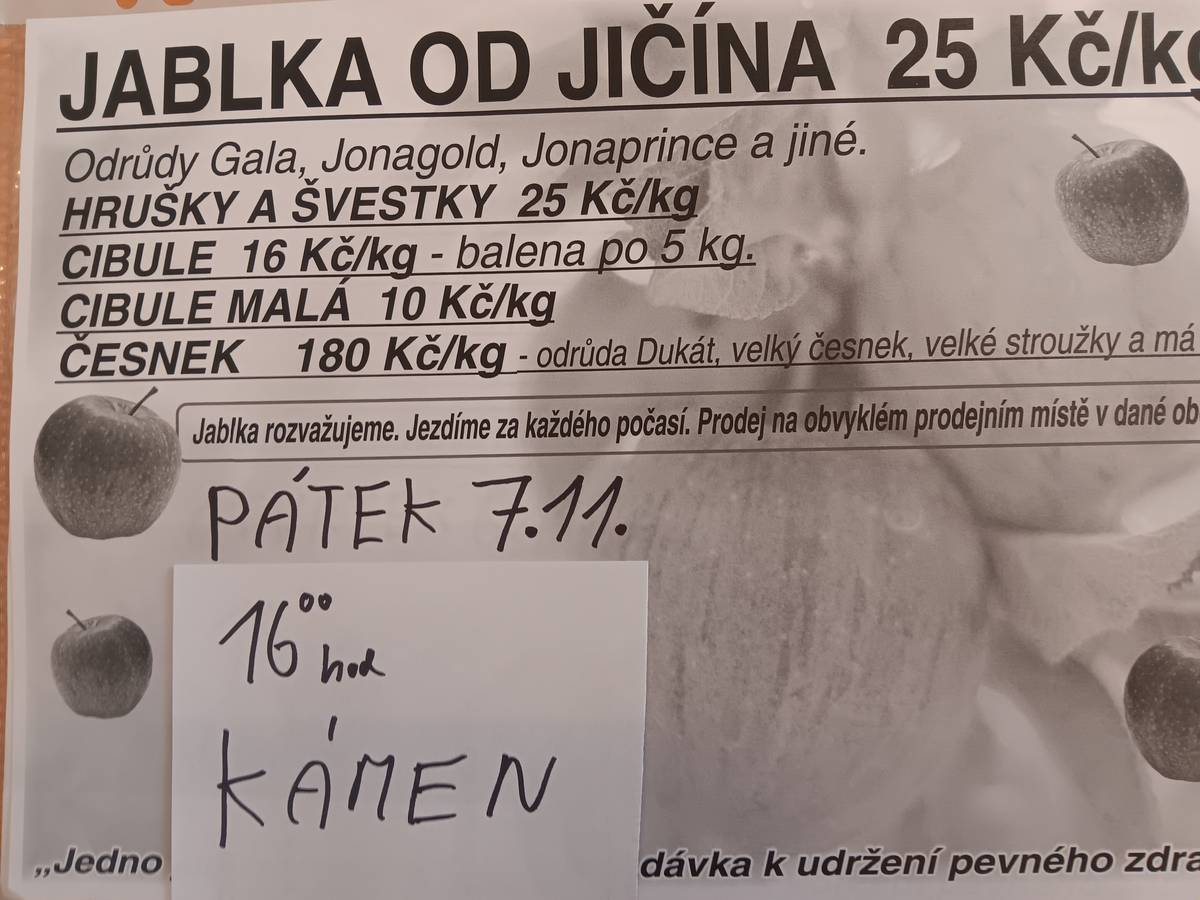 Vážení občané, v pátek 7. 11. 2025 v 16:00 hod. se na parkovišti u Jednoty uskuteční prodej jablek, švestek, hrušek, cibule a česneku.