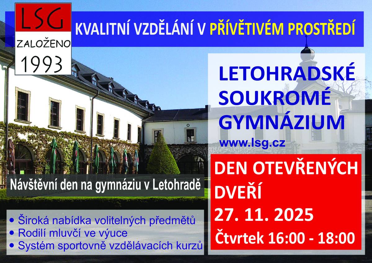 Letohradské soukromé gymnázium zve na Den otevřených dveří ve čtvrtek 27. listopadu 2025 od 16 do 18 hodin.