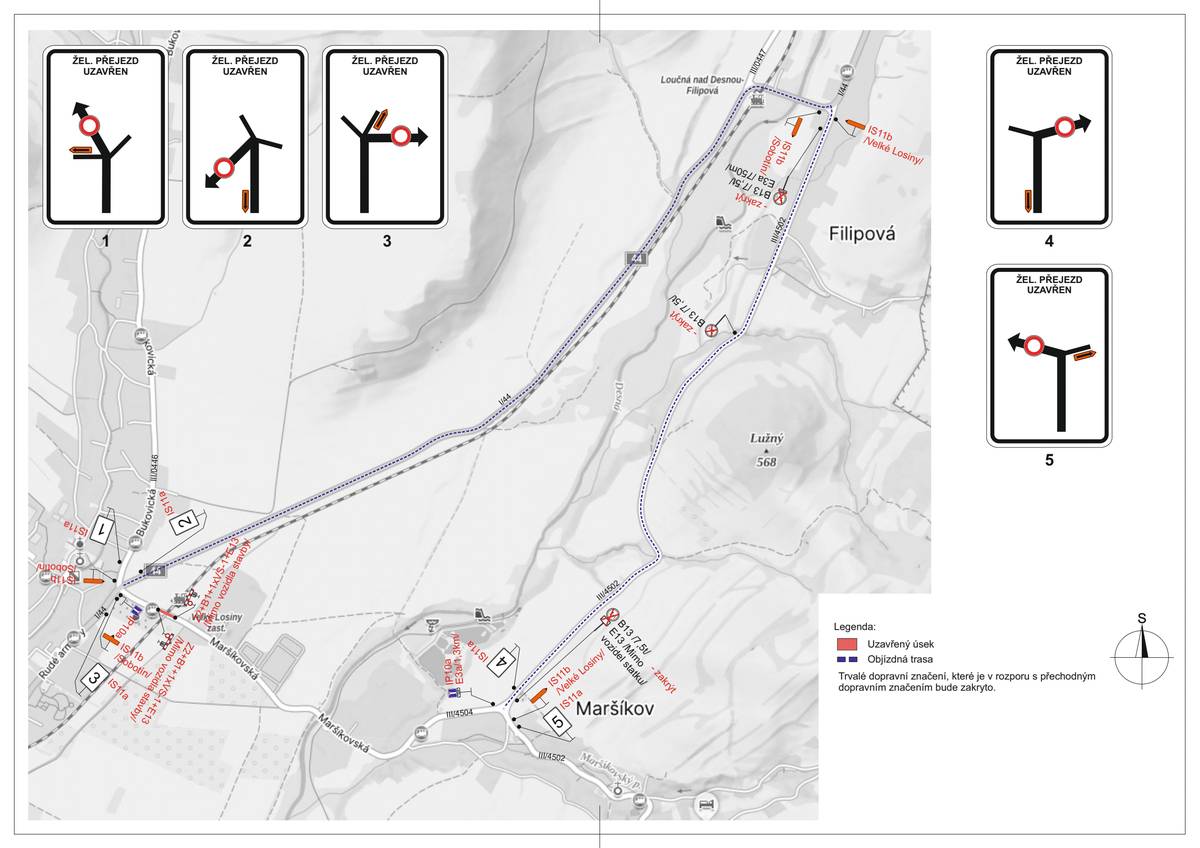 Od pondělí 10. 11. do pátku 14. 11. 2025 bude z důvodu zvýšení bezpečnosti na žel. přejezdu směrem z Velkých Losin na Maršíkov probíhat úplná uzavírka. Ranní ,,školní'' autobus z Maršíkova směr Velké Losiny a dále Šumperk bude jezdit bez omezení (spoj, který odjíždí z BUS zastávky Velké Losiny, Maršíkov v 7:05 hod. a Velké Losiny, Maršíkov, rest. v 7:07 hod.) Ostatní autobusové spoje nebudou po dobu uzavírky obsluhovány. Průchod pro pěší bude po celou dobu probíhající uzavírky zachován (např. formou provizorní lávky pro pěší, provizorního pěšího koridoru v bezpečné vzdálenosti podél pracovního místa a podobně). Objízdná trasa je stanovena přes Filipovou dle přiložené dopravní situace. Děkujeme za pochopení a trpělivost během dopravního omezení.