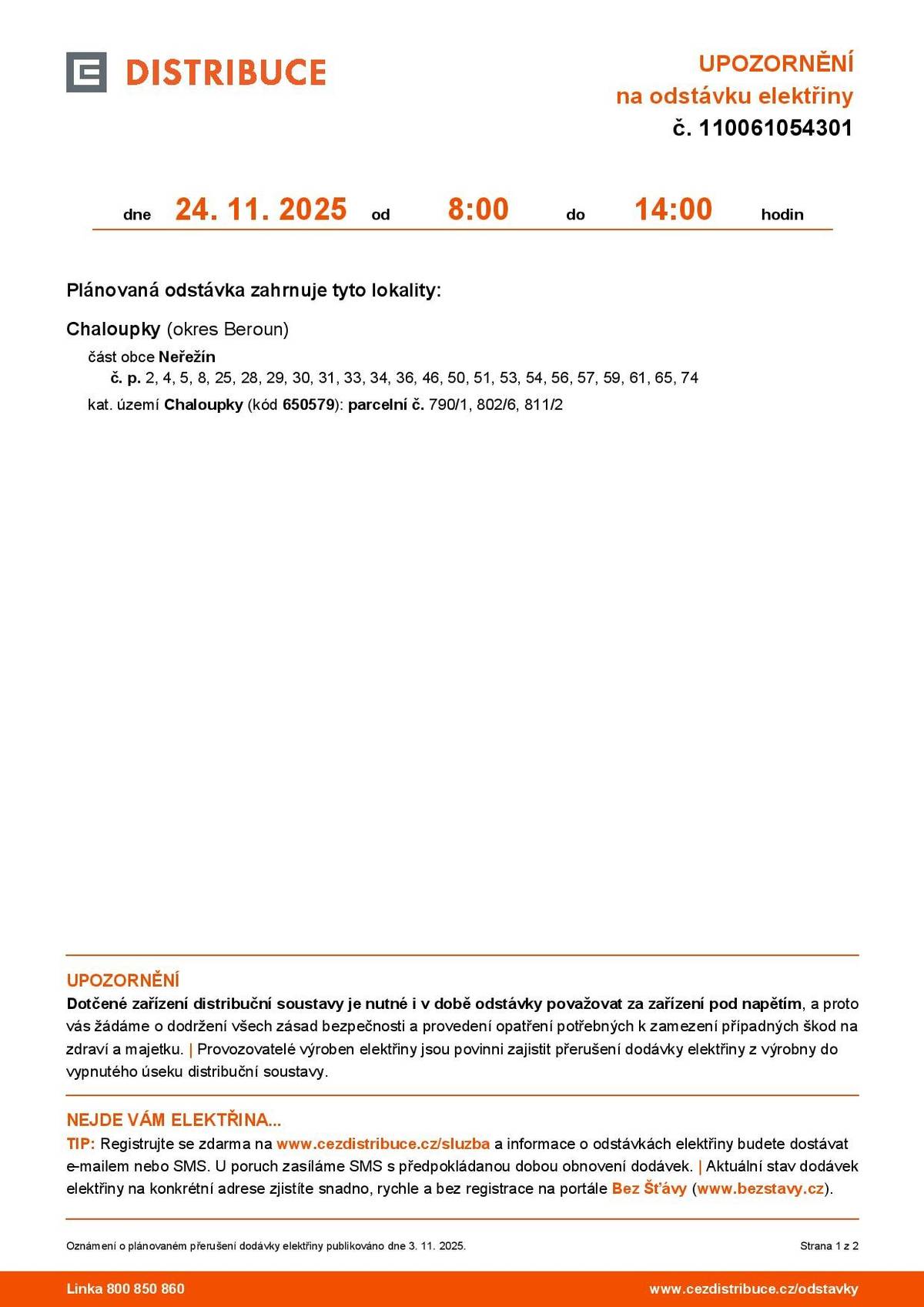 Upozornění ČEZ