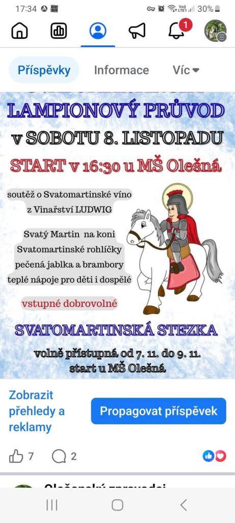 Lampionový průvod se koná v sobotu 8. listopadu a začíná v 16:00 u Mateřské školy Olešná. Těšit se můžete na soutěž o Svatomartinské víno z Vinařství Ludwig, Svatomartinské rohlíčky, pečená jablka a brambory, a teplé nápoje pro všechny účastníky.