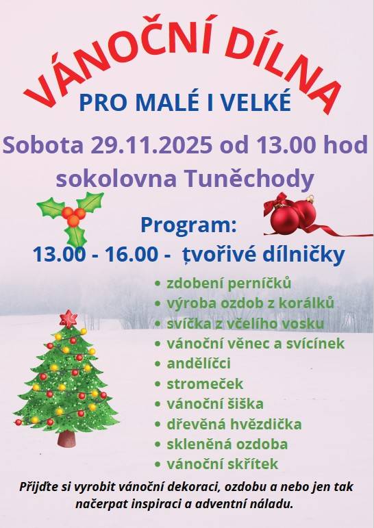 Kulturní komise společně s obecním úřadem Vás srdečně zve na vánoční dílnu, která se koná v sobotu 29.11. od 13 do 16 hodin v tuněchodské sokolovně.
