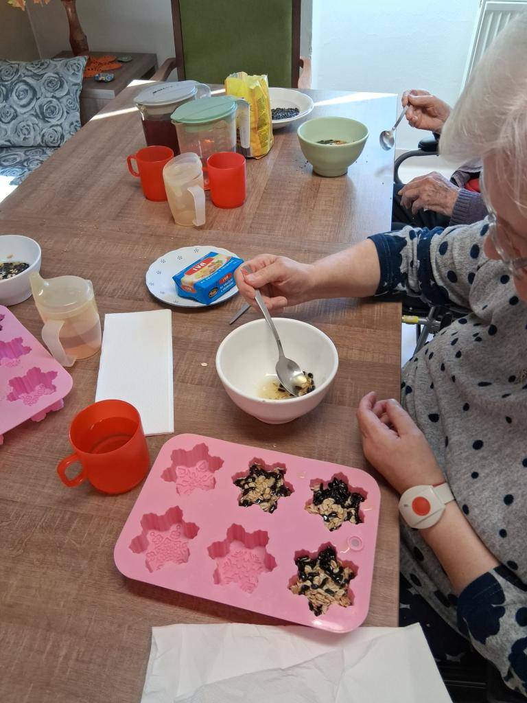 V Domově pro seniory Na Valech se uskutečnilo tvořivé dopoledne, během kterého klienti vyráběli krmné ozdoby pro ptáčky.