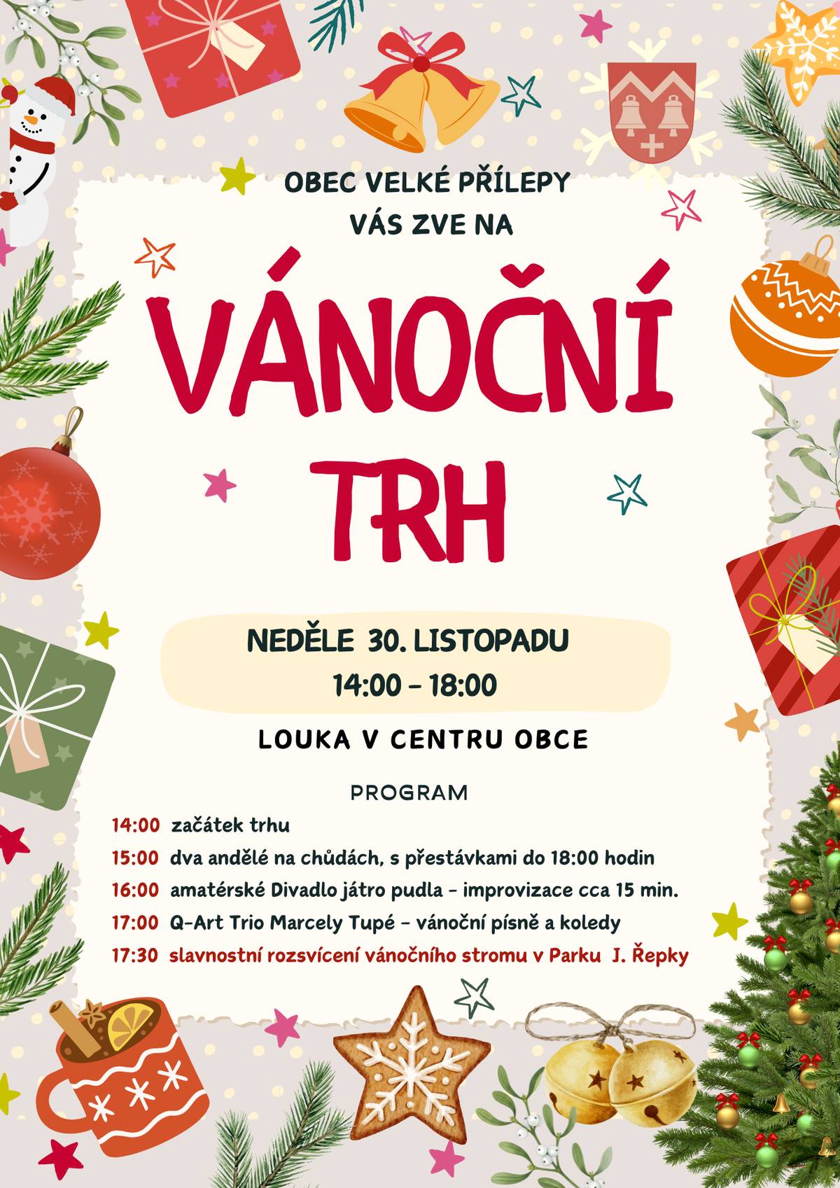Vánoční trh ve Velkých Přílepech bude v neděli 30. listopadu! Přijďte si užít sváteční atmosféru, vůni svařáku, vánoční písně i setkání se sousedy a přáteli.  Na louce v centru obce Vás čekají stánky s občerstvením, dárky a rukodělnými výrobky, vystoupení i slavnostní rozsvícení stromu. 🕓 Program:  14:00  začátek trhu 15:00  dva andělé na chůdách, s přestávkami do 18:00 hodin 16:00  amatérské Divadlo játro pudla – improvizace cca 15 min.    17:00  Q-Art Trio Marcely Tupé – vánoční písně a koledy 17:30  slavnostní rozsvícení vánočního stromu v Parku J. Řepky