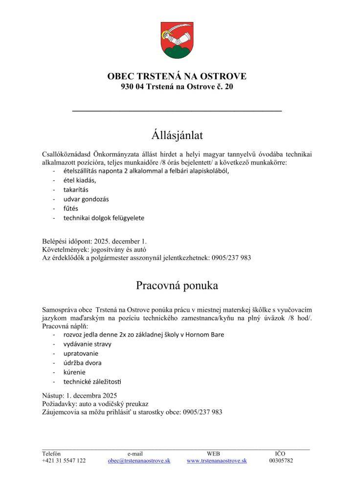 Pracovná ponuka: technický zamestnanec MŠ