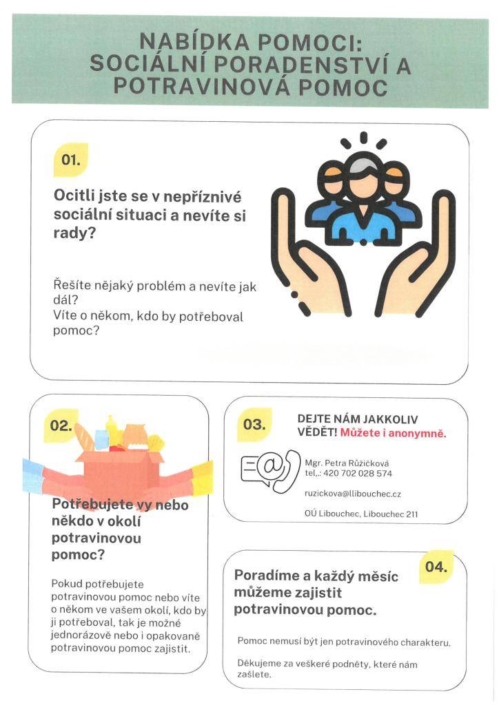 Nabídka pomoci - sociální poradenství a potravinová pomoc.