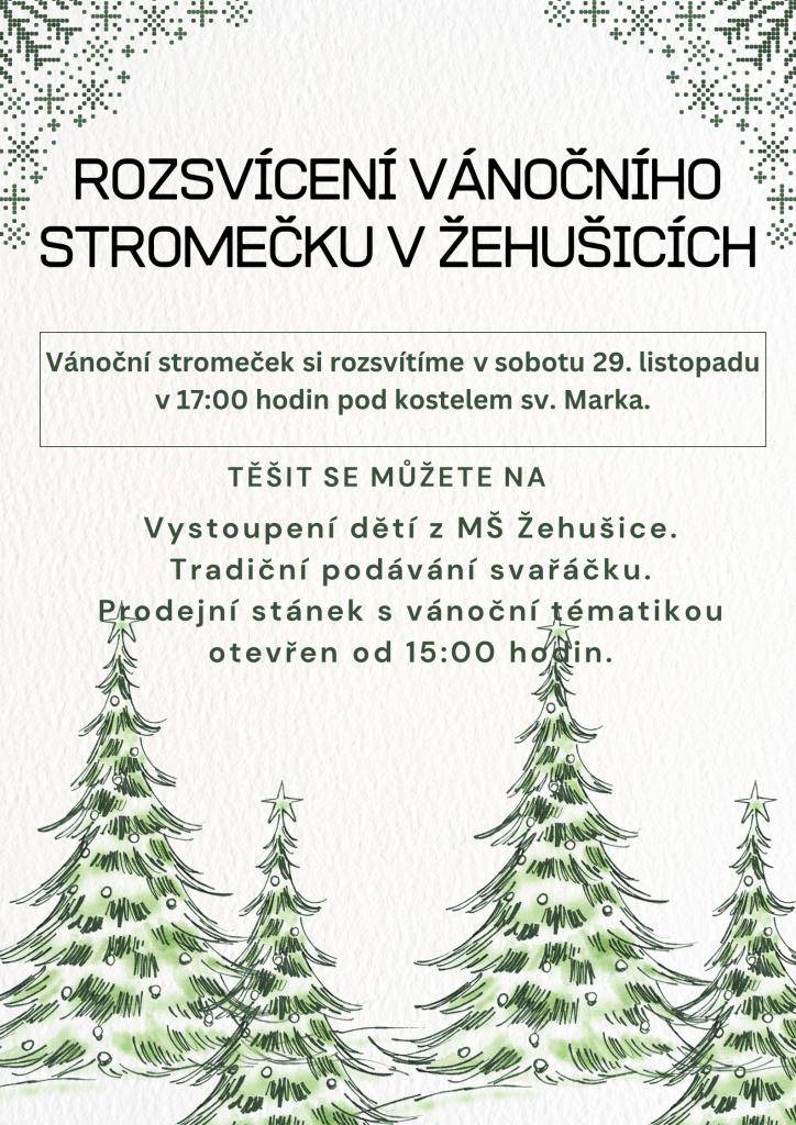 Rozsvícení vánočního stromečku v Žehušicích proběhne v sobotu 29. listopadu 2025 od 17:00 hodin pod kostelem sv. Marka. Na akci se můžete těšit na vystoupení dětí z místní mateřské školy a tradiční podávání svařáčku. Pro návštěvníky bude od 15:00 hodin otevřen stánek s vánoční tématikou.