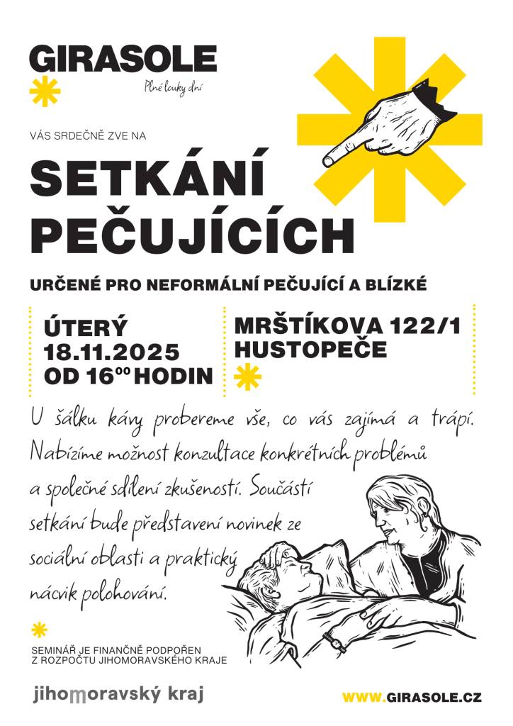 Pozvánka na 2 listopadové akce určené zejména pro pečující rodiny a jednotlivce, kteří se starají o někoho ze svých blízkých ve stáří a nemoci. Události jsou bezplatné a jsou uskutečněny za podpory Jihomoravského kraje. Pomáhají v náročném období těm, kteří to potřebují.