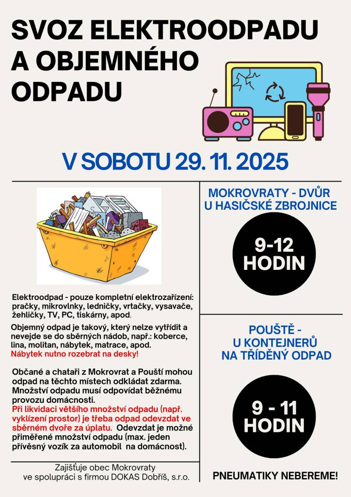V sobotu, dne 29.11.2025, se v Mokrovratech a Pouštích uskuteční sběr elektroodpadu a objemného odpadu. Občané mohou zdarma odevzdat elektrozařízení a objemný odpad v určených časech a místech.