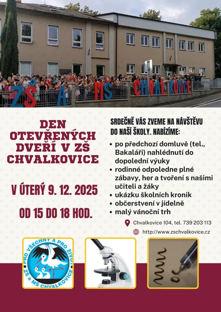 Den otevřených dveří ZŠ Chvalkovice 9.12.2025  od 15:00 - 18:00 hod
