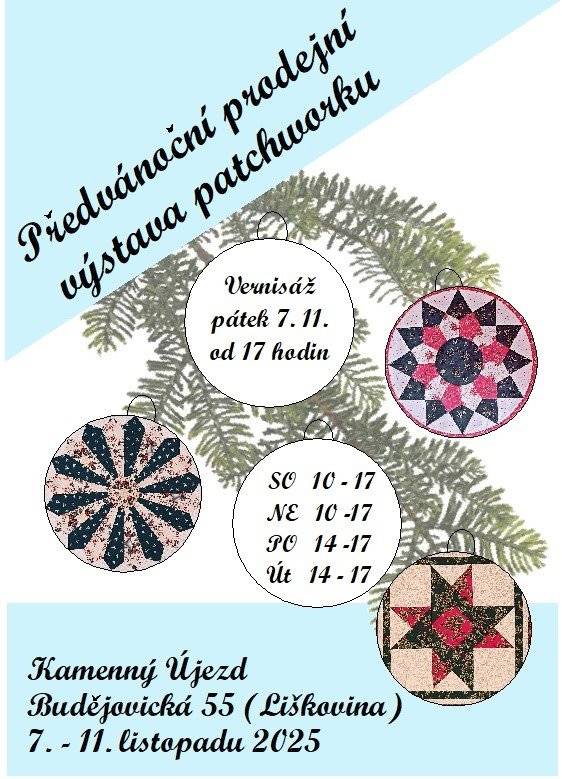 Srdečně vás zveme na vernisáž výstavy patchworku v pátek 7. 11. 2025 od 17 hod. na Liškovině. Výstavu lze navštívit do úterý 11. 11. 2025.