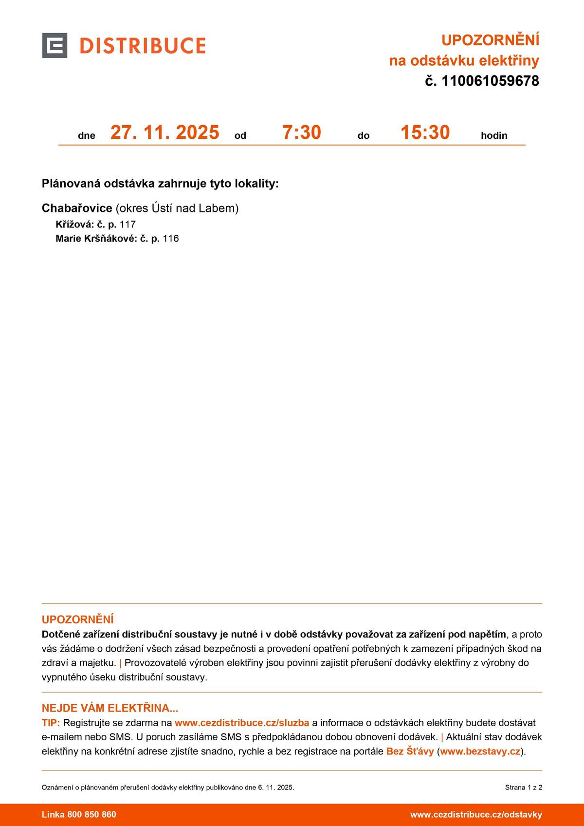 Upozorňujeme na plánovanou odstávku elektřiny dne 27. 11. 2025.