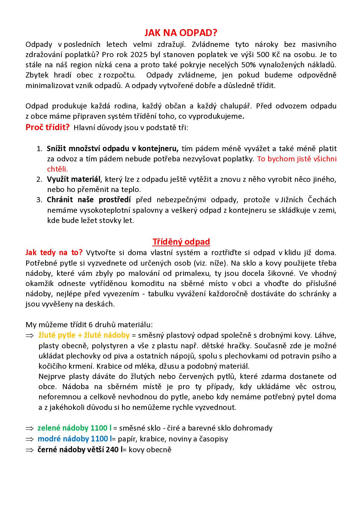 Poučení o systému odpadového hospodářství v naší obci.