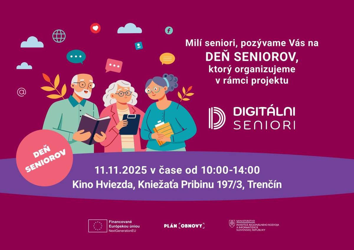 V KKC Hviezda sa 11. novembra od 10.00 do 14.00 hodiny uskutoční podujatie Ministerstva investícií, regionálneho rozvoja a informatizácie SR v rámci projektu Digitálni seniori.