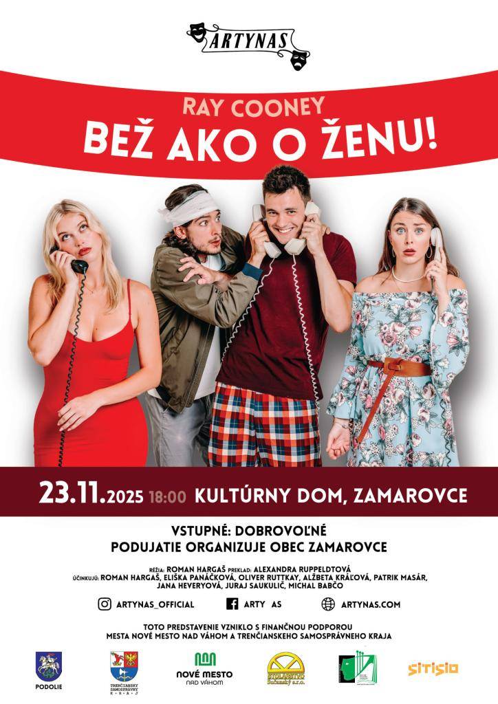 Srdečne Vás pozývame na divadelné predstavenie divadla Artynas Nové Mesto nad Váhom, ktoré sa uskutoční v nedeľu dňa 23.11.2025 o 18.00 hod. v KD Zamarovce.