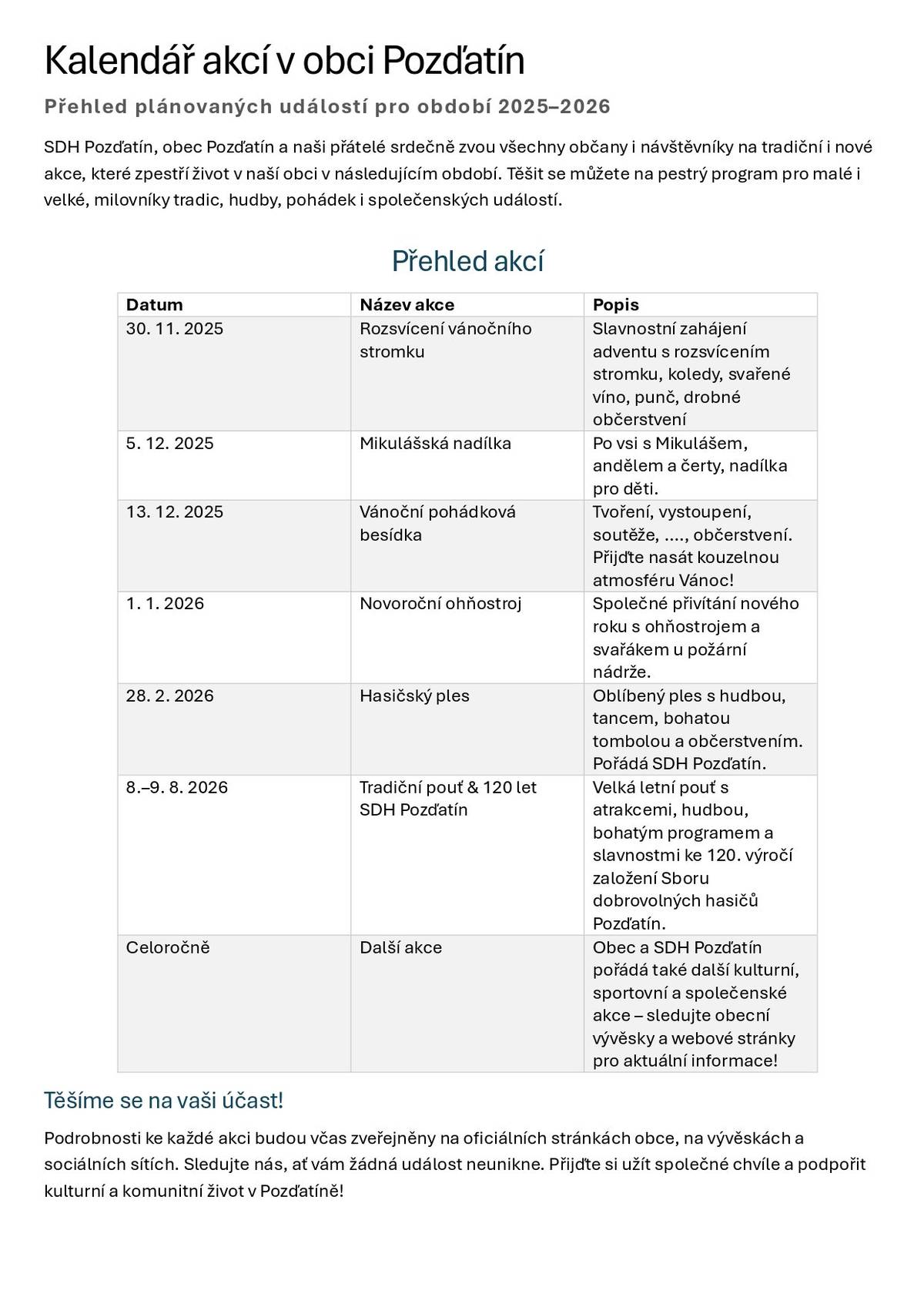 Kalendář akcí v obci Pozďatín Přehled plánovaných událostí pro období 2025–2026 SDH Pozďatín, obec Pozďatín a naši přátelé srdečně zvou všechny občany i návštěvníky na tradiční i nové akce, které zpestří život v naší obci v následujícím období. Těšit se můžete na pestrý program pro malé i velké, milovníky tradic, hudby, pohádek i společenských událostí. Přehled akcí     Datum   Název akce   Popis     30. 11. 2025   Rozsvícení vánočního stromku   Slavnostní zahájení adventu s rozsvícením stromku, koledy, svařené víno, punč, drobné občerstvení     5. 12. 2025   Mikulášská nadílka   Po vsi s Mikulášem, andělem a čerty, nadílka pro děti.     13. 12. 2025   Vánoční pohádková besídka   Tvoření, vystoupení, soutěže, …., občerstvení. Přijďte nasát kouzelnou atmosféru Vánoc!     1. 1. 2026   Novoroční ohňostroj   Společné přivítání nového roku s ohňostrojem a svařákem u požární nádrže.     28. 2. 2026   Hasičský ples   Oblíbený ples s hudbou, tancem, bohatou tombolou a občerstvením. Pořádá SDH Pozďatín.     8.–9. 8. 2026   Tradiční pouť & 120 let SDH Pozďatín   Velká letní pouť s atrakcemi, hudbou, bohatým programem a slavnostmi ke 120. výročí založení Sboru dobrovolných hasičů Pozďatín.     Celoročně   Další akce   Obec a SDH Pozďatín pořádá také další kulturní, sportovní a společenské akce – sledujte obecní vývěsky a webové stránky pro aktuální informace!     Těšíme se na vaši účast! Podrobnosti ke každé akci budou včas zveřejněny na oficiálních stránkách obce, na vývěskách a sociálních sítích. Sledujte nás, ať vám žádná událost neunikne. Přijďte si užít společné chvíle a podpořit kulturní a komunitní život v Pozďatíně!