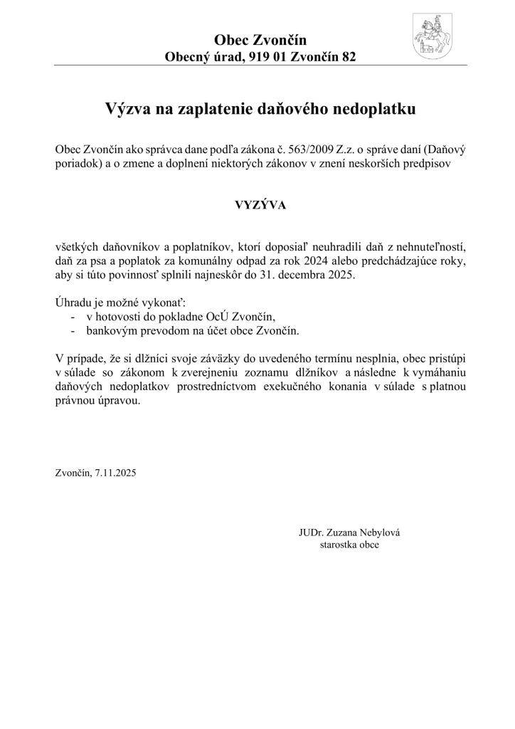 Výzva na zaplatenie daňového nedoplatku