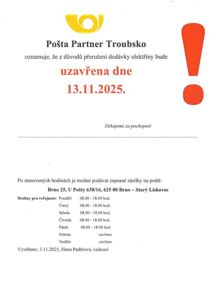 Změna otevírací doby Pošty Troubsko
